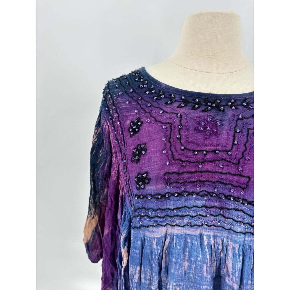 Greater Good Blouse Womens Large/XL Blue Purple Bohemian Beaded Sequins Tie Dye - Picture 5 of 16
